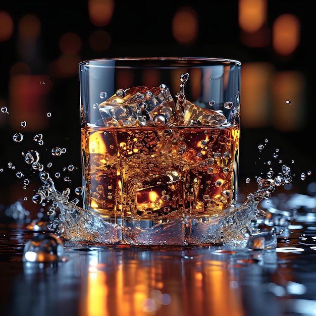 Элегантный стакан для виски с динамичными брызгами на темном фоне идеально подходит для рекламы AI