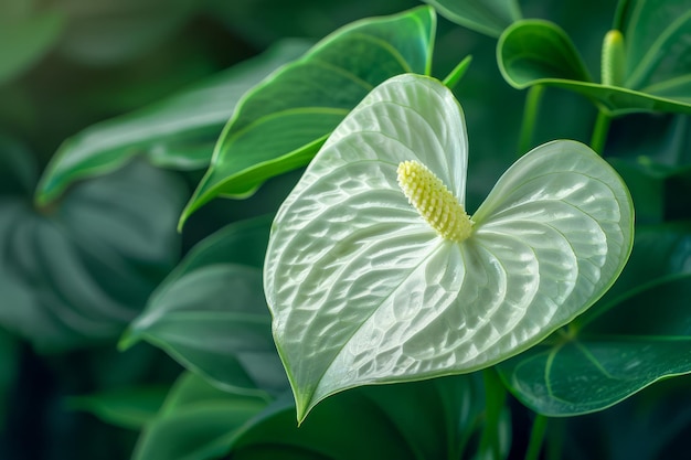 緑豊かな 熱帯 の 庭園 の 中 で 茂る 緑 の 葉 を 持つ 優雅 な 白い アンチュリウム の 花