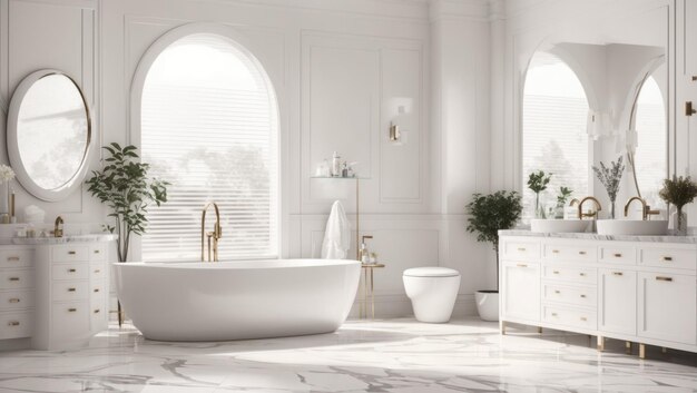 Elegant white bathroom interior with marble white countertop copy space and bathroom appliances product