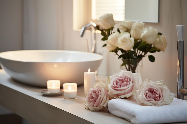 Elegant White Bathroom Interior with Modern Vessel Sink Generative AI