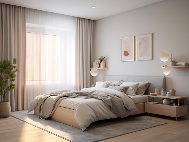 Элегантный белый интерьер спальни с мебелью ИИ