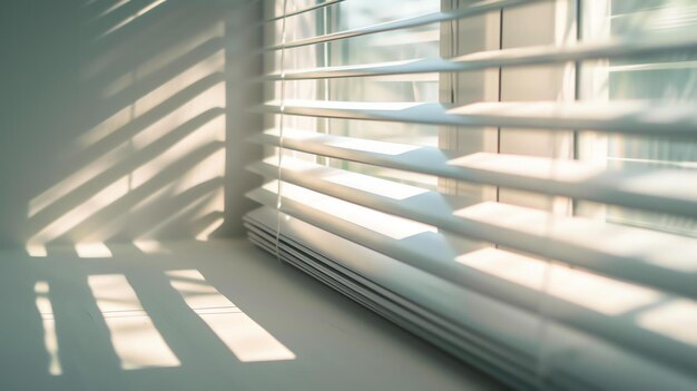 Elegant white blinds on the window let in gentle light The shadows from the blinds create a beautiful pattern on the wall