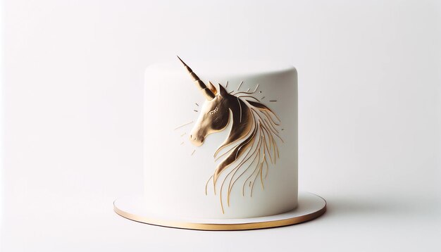 Photo elegant white cake with golden unicorn silhouette design