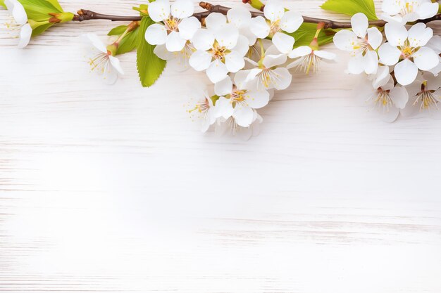Foto eleganti fiori di ciliegio bianchi su uno sfondo di legno imbiancato per temi primaverili ed estivi