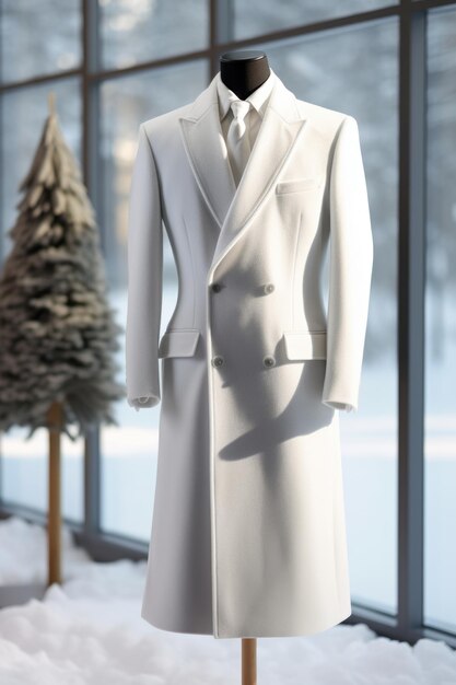 Foto elegante cappotto bianco su un manichino sullo sfondo innevato