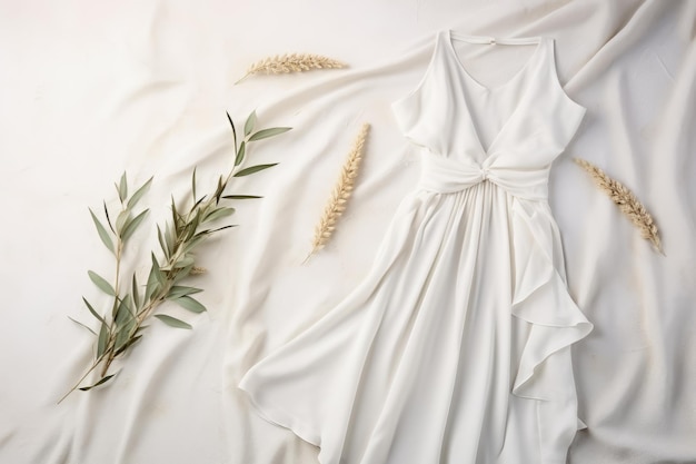 Elegant White Dress Artful Flat Lay Composition on Grey Background