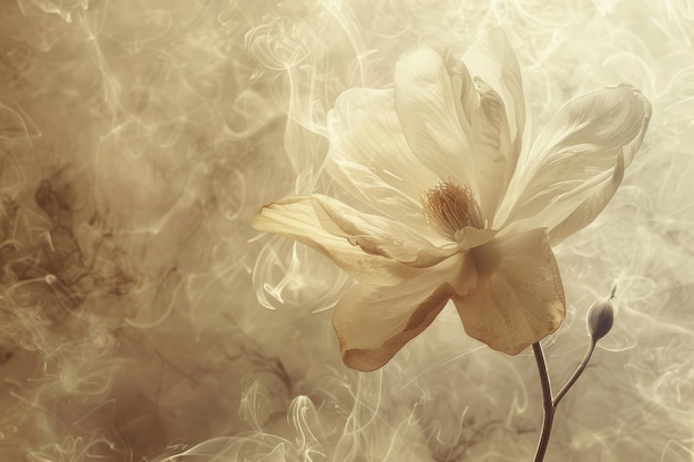 Elegant white flower against a background of soft beige and swirling smoke