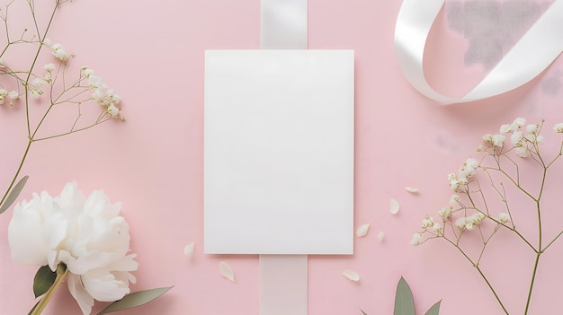 ピンク の 背景 に 描か れ た 優雅 な 白い 花 と 白い カード