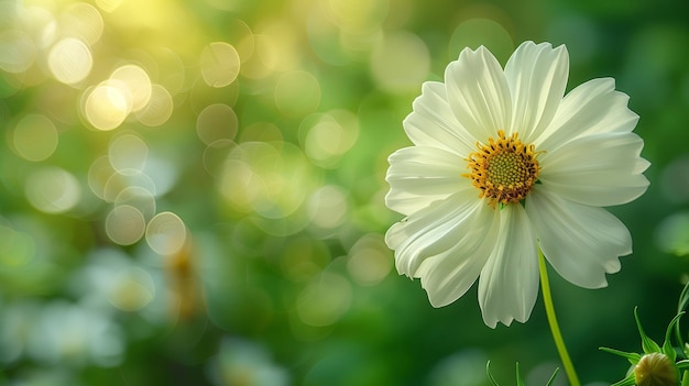 Elegant white flowers with a vibrant green and golden bokeh background