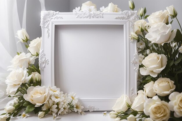 Photo elegant white frame and flowers