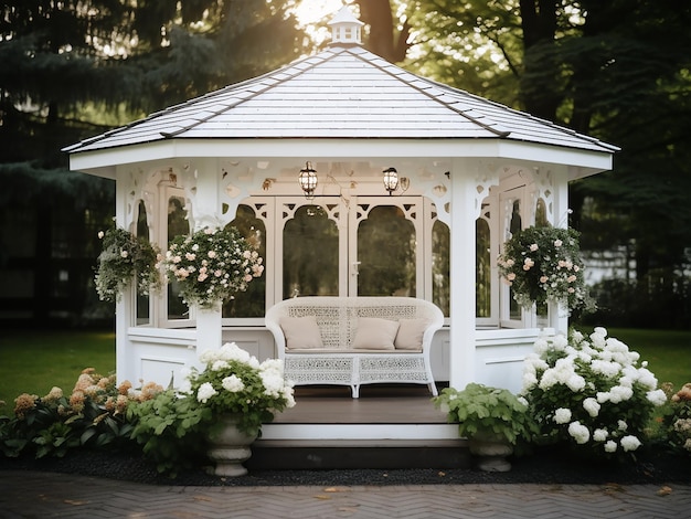 An elegant white gazebo a tranquil place in the garden AI Generation