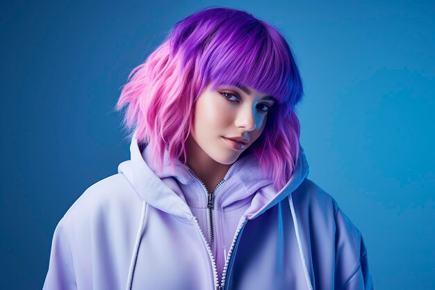 Elegant white girl with purple hair and tracksuit