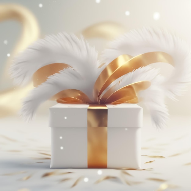 Elegant white golden giftbox decorated with feathers