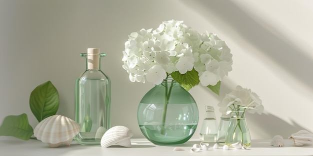 Photo elegant white hydrangeas in green glass vase with seashells and bottles on sunlit surface