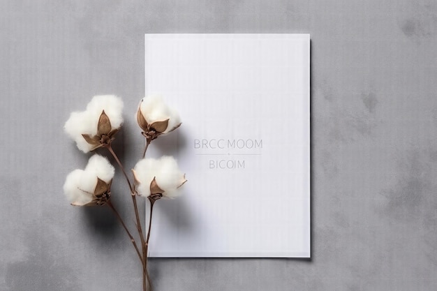 Foto elegante modello di invito bianco con fiore di cotone su uno sfondo grigio sofisticato