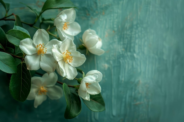 Elegant White Jasmine Flowers Blooming with Lush Greenery on Subtle Blue Textured Background