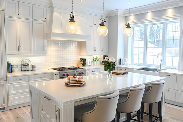 Elegant White Kitchen with Hanging Light Fixtures A HighEnd Interior Design Showcase