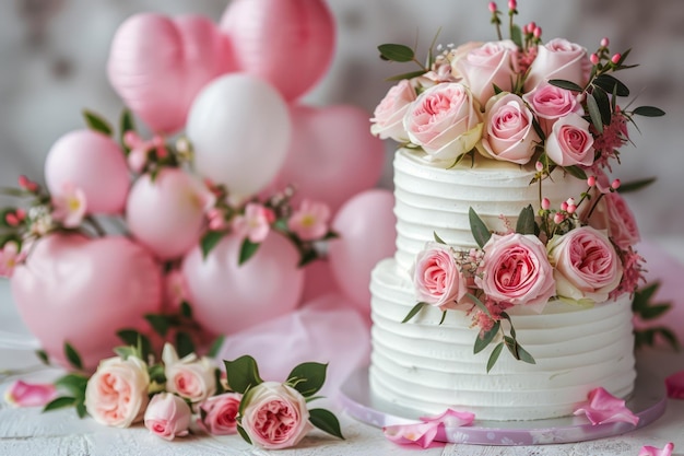 Элегантный белый слоистый свадебный торт, украшенный розовыми розами и окруженный мягкими воздушными шарами на