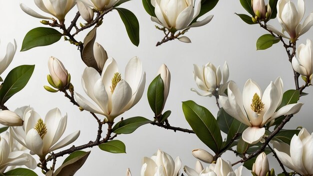 Elegant white magnolia flowers on branches