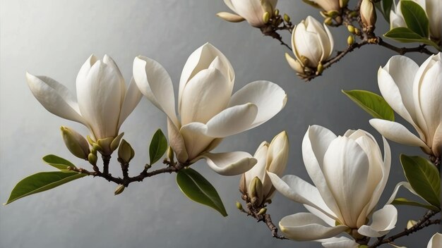 Elegant white magnolia flowers on branches