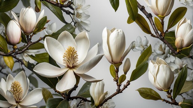 Elegant white magnolia flowers on branches