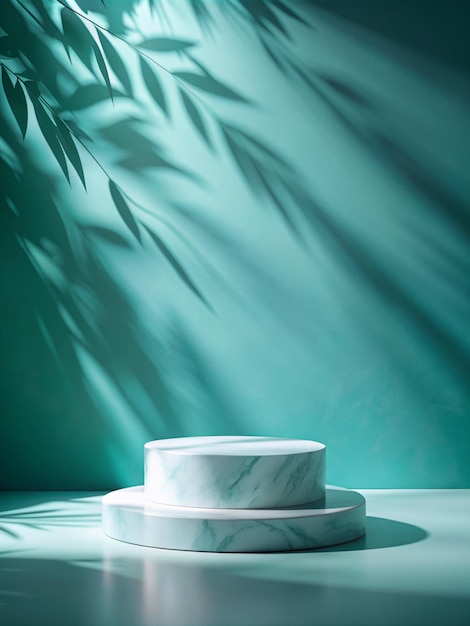 Photo elegant white marble podium on turquoise background with soft lighting