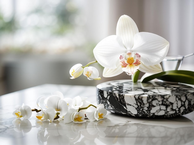 Elegant White Orchid on Table Floral Stock Photo