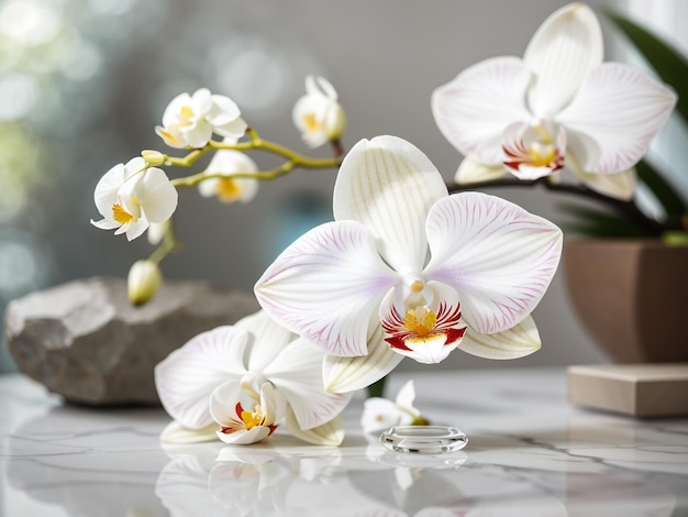 Elegant White Orchid on Table Floral Stock Photo