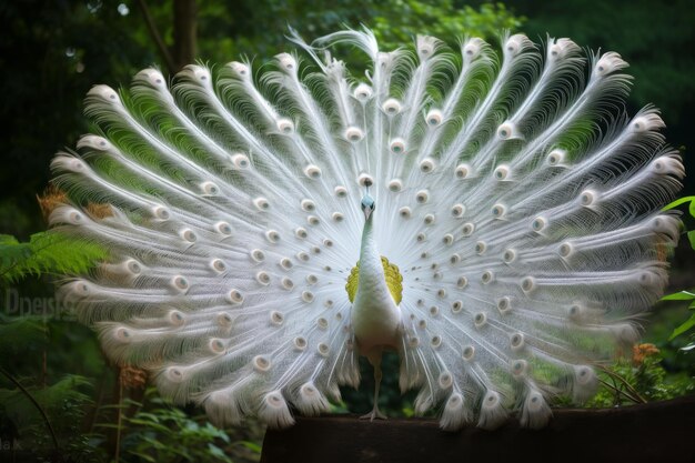 Elegant white peacock showcasing its fullfeathered beauty White peacock displaying tail feathers