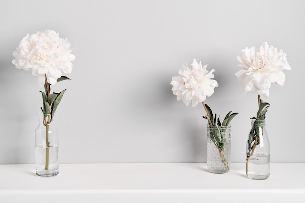 Elegant white peonies flowers arrangement on table wall background Template for text or artwork