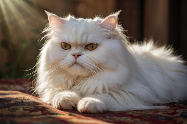 Elegant white Persian cat lounging indoors