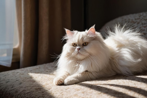 Элегантная белая персидская кошка, лежащая в помещении.