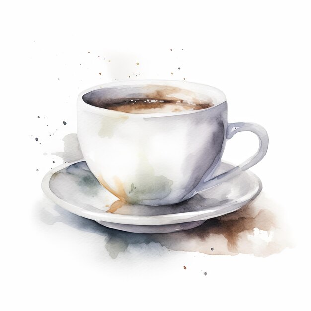 elegant white porcelain coffee cup with cream watercolor illustration on white background