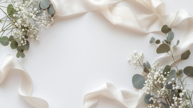 Photo elegant white ribbon and delicate baby39s breath flowers create a beautiful and simple frame