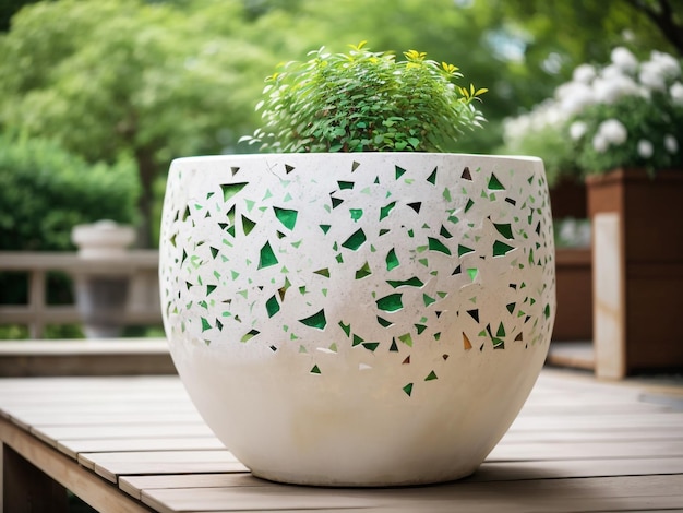 Elegant White Terrazzo Plant Pot with Green Touch