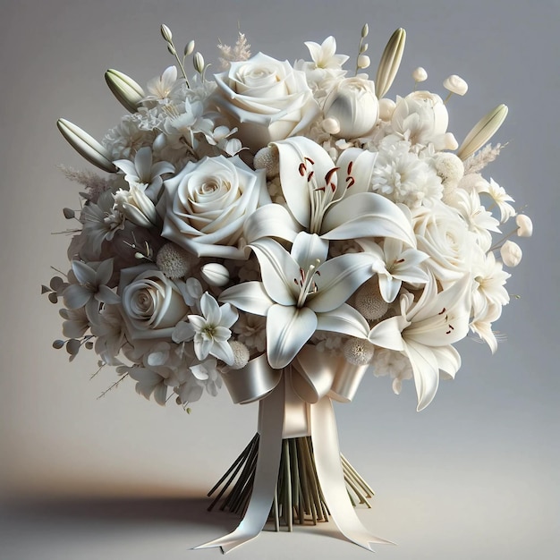 ニュートラル な 背景 に 置か れ た 優雅 な 白い 婚礼 の 花束