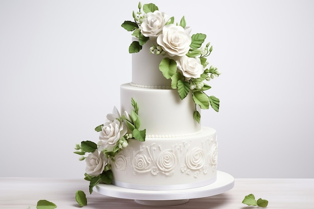 写真 緑の葉っぱと白いバラで飾られた優雅な白いウェディングケーキ