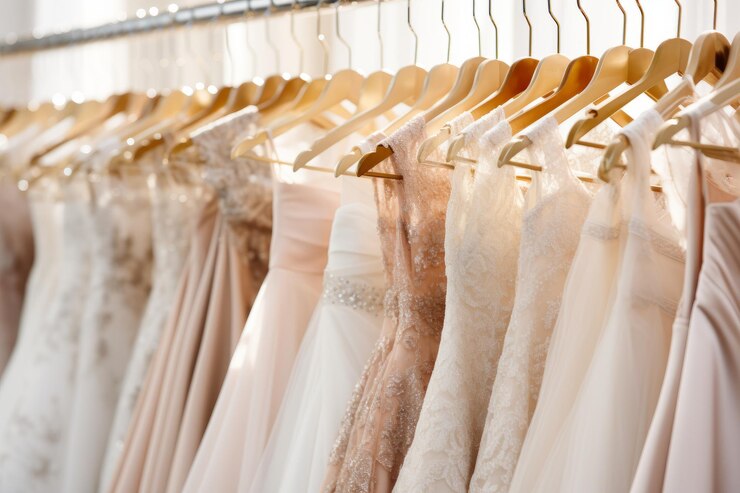 Photo elegant white wedding dresses hanging on hangers in luxury bridal shop boutique salon