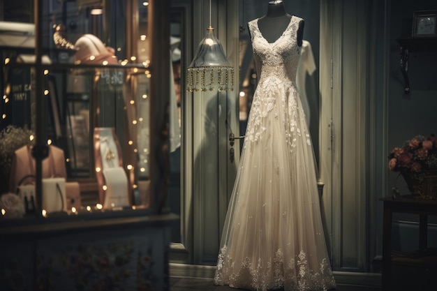 Elegant white wedding gown displayed in a boutique Romantic ambiance in soft lighting Generative AI