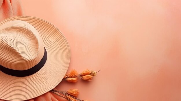 Elegant widebrimmed straw hat with peach ribbon on a matching peach background