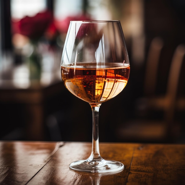 Elegant wine glass on a wooden table with a blurred background