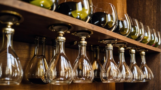 Elegant wine glasses hanging in a bar