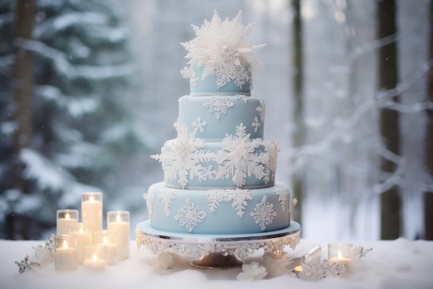 雪花の装飾で飾られたエレガントな冬の結婚式のケーキ 冬の結婚式 ジェネレーティブAIイラスト