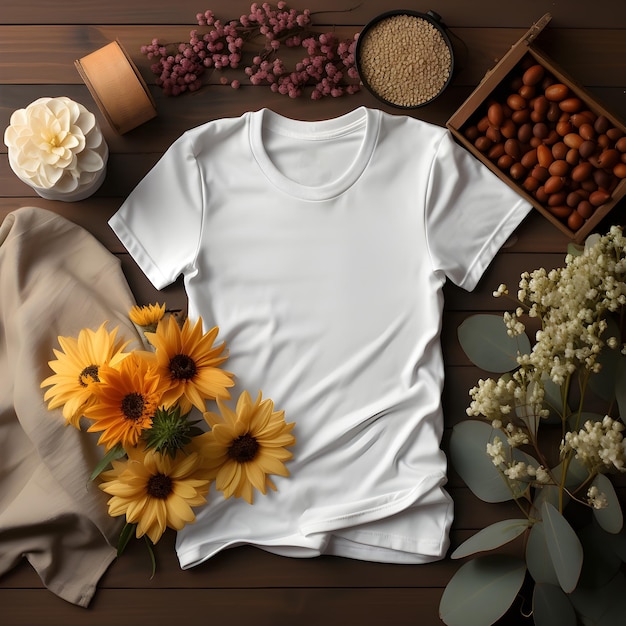 Elegant wit T-shirt mockup op tafel met natuur geïnspireerd decor