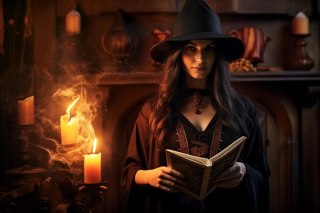 Elegant witch holding an ancient spell book Generative AI