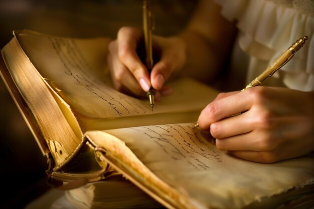 Elegant woman ambidexter vintage writes in antique book golden pens soft lighting