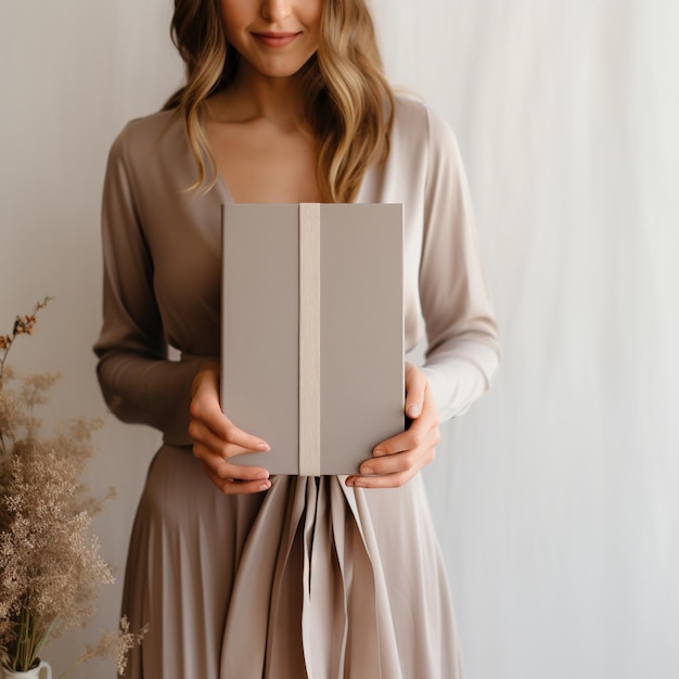 Elegant woman in beige dress holding a book