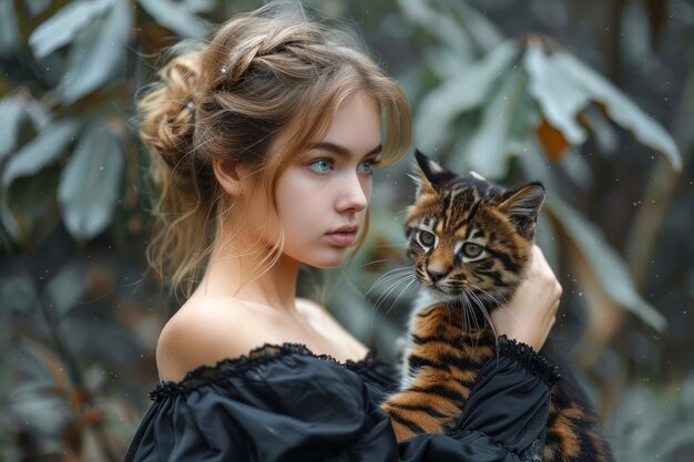 Elegant Woman in Black Dress Holding Exotic Bengal Cat in Lush Greenery