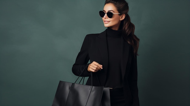 Элегантная женщина в черном наряде и солнцезащитных очках, держащая кожаную сумку на бирюзовом фоне