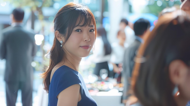 社交的なイベントで青いドレスを着た優雅な女性が温かく笑顔で